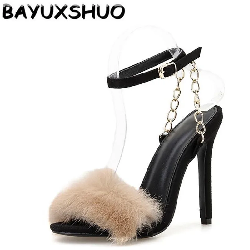 

BAYUXSHUO Summer Women Furry Sandals Fish Mouth Fine with High Heels Simple Casual Party Sandals Comfortable Wild Women Shoes