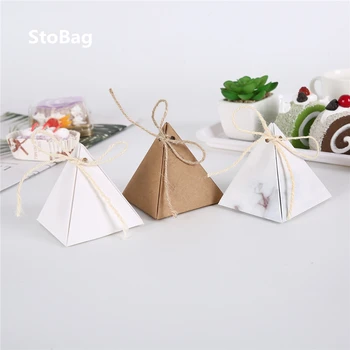 

StoBag 10pcs Wedding Candy Box Carton Pyramid Wedding Supplies Gift Wedding Candy Box Baby Show Chocolate Packing With Ribbon