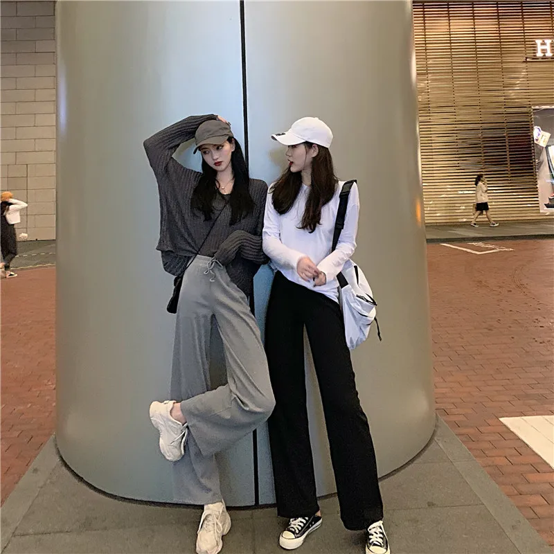 Pantalones mujer cintura alta повседневные стильные свободные штаны с завязками, однотонные штаны с широкими штанинами, женская одежда, весенне-осенняя женская одежда