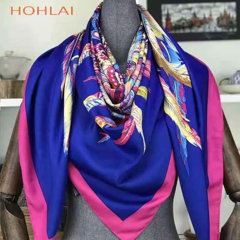 Саржевый шелковый шарф, женский роскошный брендовый квадратный индийский шелковый шарф с перьями и 130x130 см, женский шейный платок, большая бандана - Цвет: 6