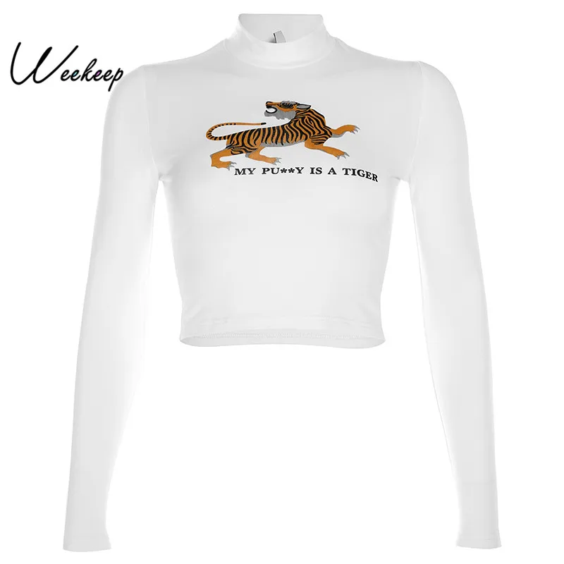 

Weekeep Printed Long Sleeve Slim t shirt Women Spring Autumn Turtleneck Tee Shirt Femme Crop Top