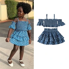 

2-7Y Girls Fashion Clothing Sets Children Kids Baby Girl Dot Printed Off Shoulder Strap Tops+Tiered Skirt Casual Clothes Outfits