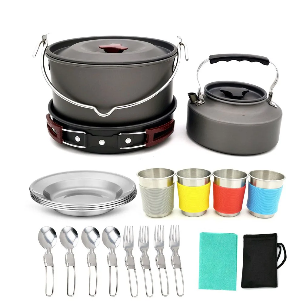 

19pcs 4 Persons Camping Cookware Set Hanging pot Pan Cup Teaport Outdoor Cooking Portable Folding Tableware Picnic Set