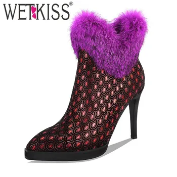 

WETKISS Platform Ankle Boots Women High Heels Boot Pointed Toe Party Shoes Female Print Genuine Leather Fur Shoes Ladies Winter