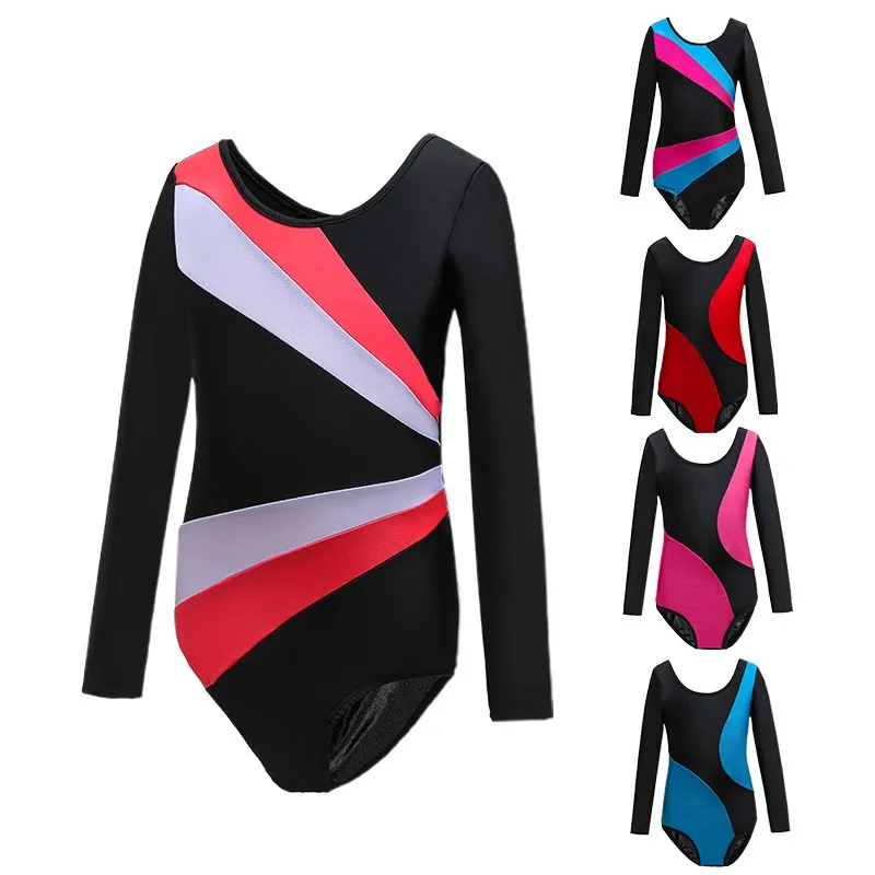 

Kids Girls Soft Gymnastics Suit No-pattern Concise patchwork Long Sleeve Dance suit