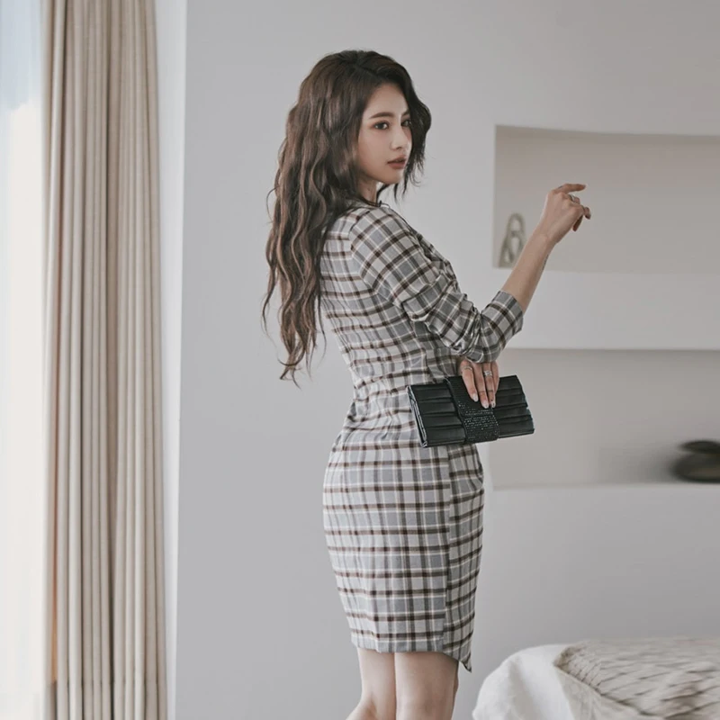 Han edition autumn temperament lapel side waist double metal buckle handbags checked dress hips open fork