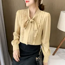 

Autumn New Bow Neck Chiffon Blouse Woman Long Sleeve Ruffles Blusas Elegantes Mujer Casual Shirts Staight Korean Fashion Tops