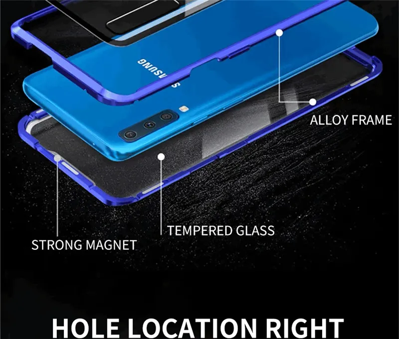 Магнитный адсорбционный чехол для телефона для samsung Galaxy A7 A9, покрытие из закаленного стекла, передняя и задняя стеклянная крышка, металлический чехол