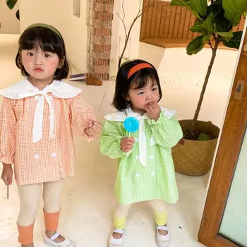 

Spring Autumn Girl Children Baby Plaid Shirt Fashion Cotton Girls Blouse Large Lapel Shirt Long-sleeved Plaid Shirts