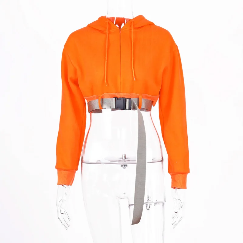 BOOFEENAA неоновый оранжевый укороченный пуловер с капюшоном с пряжкой ремень уличная мода женские толстовки осень зима C70-AF47