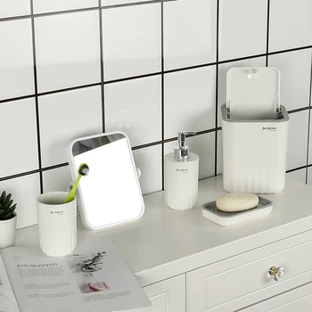 

4 of Sets Bathroom Accessories Set Toothbrush Holder Case Tooth Cup Liquid Soap Dispensers Soap Dish Trash Can Shampoo Bottles