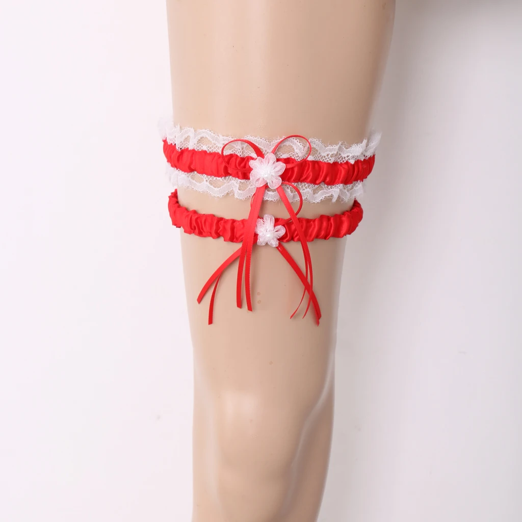 2Pcs Rustic Bridal Wedding Garter Floral Stretch Bridal Lace Satin Bowknot Thigh Ring Soft Socks Hen Party Lace Pearls Garter