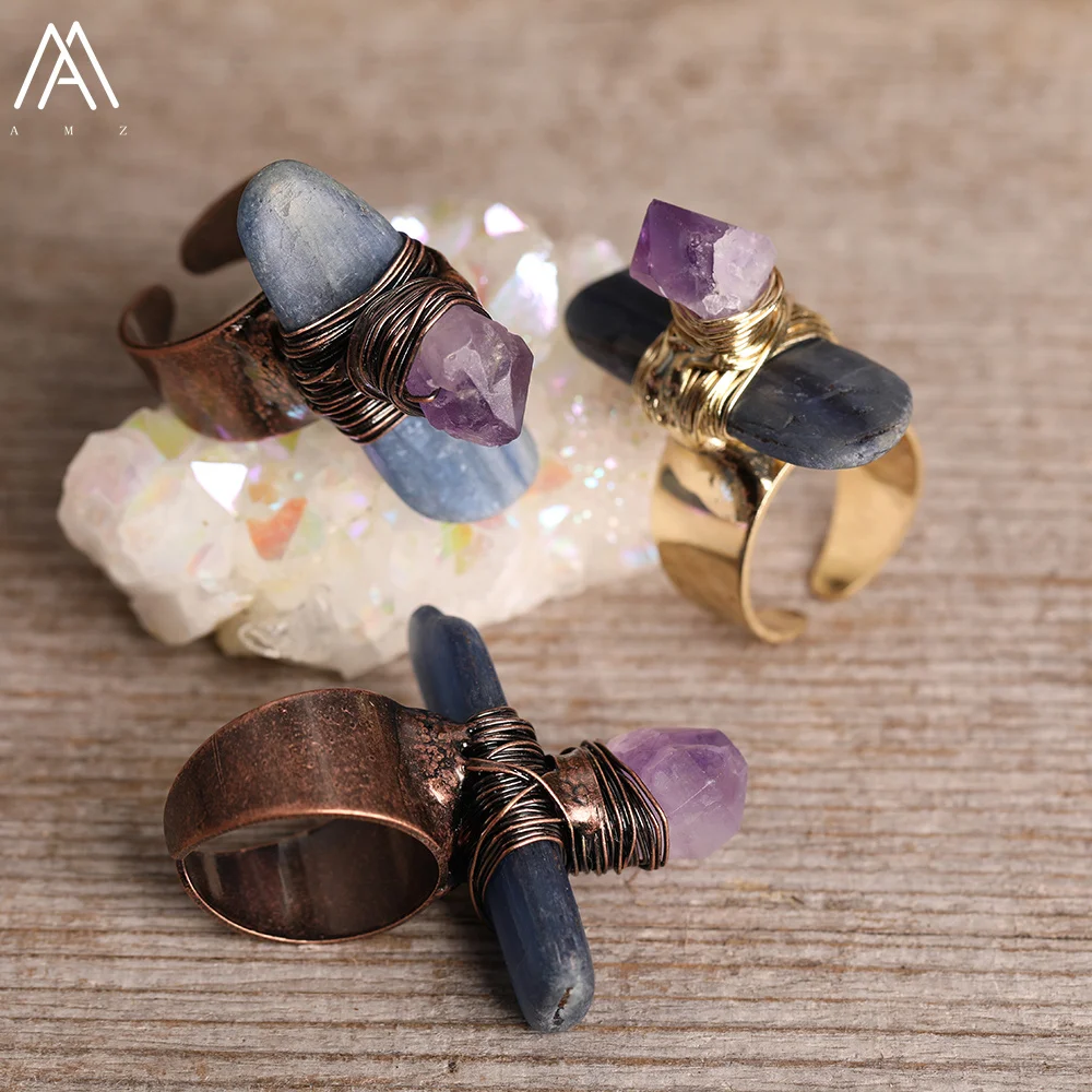 女性のための青い藍晶石のオープンリング,ヴィンテージブロンズ