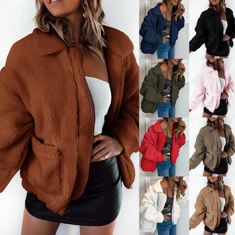 SHUJIN, женская меховая куртка, пальто, однотонный цвет, укороченная плюшевая куртка, Осеннее теплое пальто на молнии, верхняя одежда для женщин, Homme, уличная одежда
