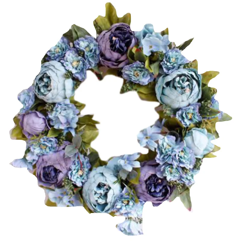 

Simulation Peony Wreath Rattan Round Garland Decoration Artificial Flower Fake Flower Door Wall Hanging Ornament Blue