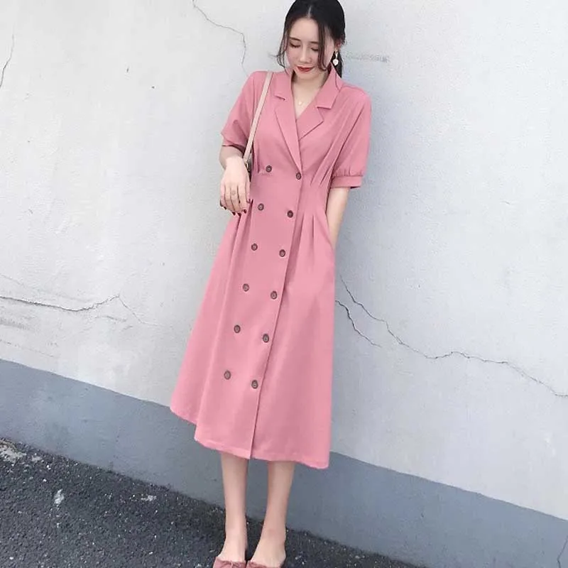 Woman Dress 2020 Summer New Fashion Vintage French Double Breasted Elegant Dress Ladies Korean Office Party Dresses Vestidos