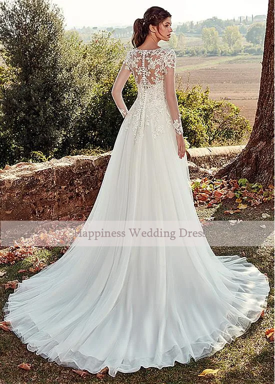 Элегантные белые свадебные платья с длинным рукавом, Аппликации, прозрачный дизайн, тюль, свадебные платья, Vestidos De Noiva