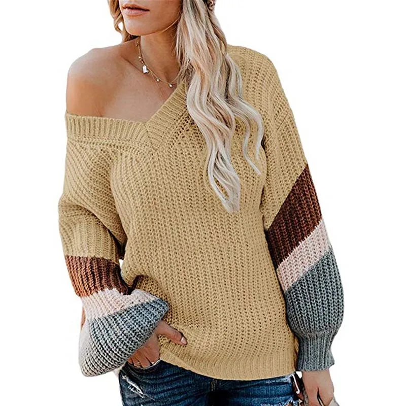 Женский лоскутный Свободный вязаный свитер, осенний свитер с длинным рукавом и v-образным вырезом, Модный пуловер, свитер для женщин