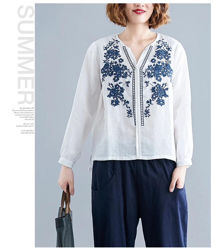 Vintage talla grande otoño primavera mujeres cuello V rojo blanco azul marino Lino blusa femenina Retro bordado Floral elegante blusas|Blusas y camisas| AliExpress