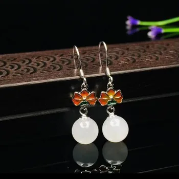 

925 Silver Natural Hetian White Jade Silver Inlaid Flower Accessories Lucky Hook Earrings For Women Fine Jewelry Charm Gift