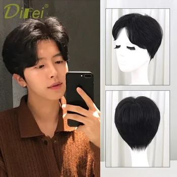

DIFEI Korean hand weaven wig short wavy hair for men handsome synthetic wig middle part apart natural fluffy black wigs