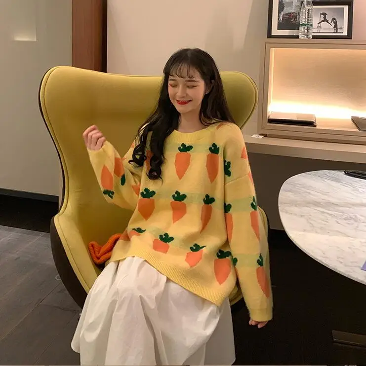 Yellow Harajuku женский милый Свободный вязаный свитер с морковкой - Color: Yellow