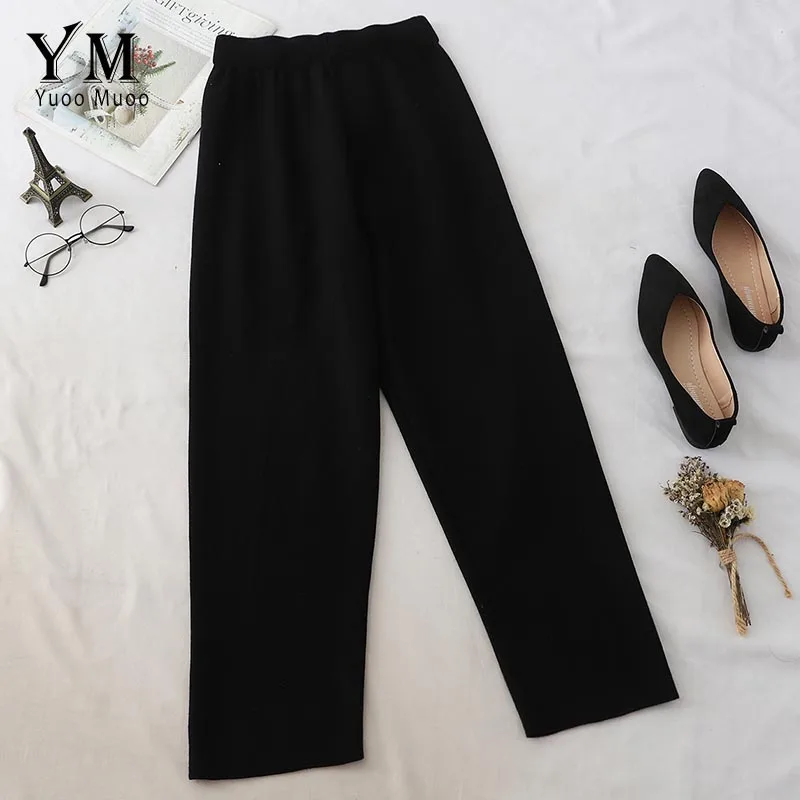 YuooMuoo осенние широкие брюки для женщин повседневные эластичные с высокой талией новые осенние модные трикотажные брюки Femme - Цвет: Черный