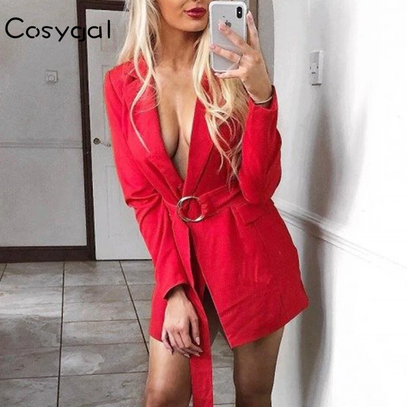 COSYGAL, офисный сексуальный Блейзер, платья для женщин, неоновые, Осень-зима, платья с поясом, зубчатые, Платья для вечеринок, Vestidos