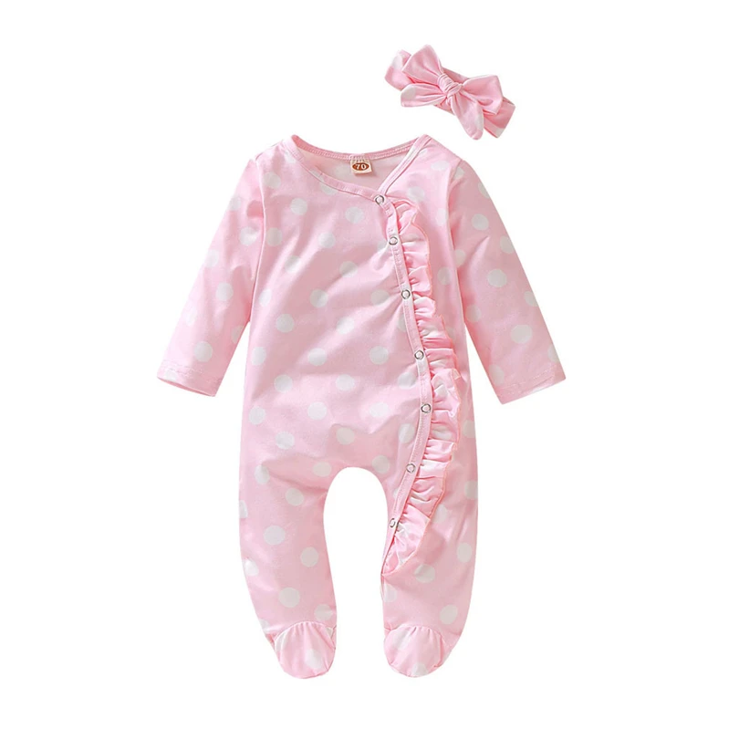 

Newborns Footies Infant Girls Polka Dot Print Ruffles Winter Soft Long Sleeve Jumpsuit Baby Clothes + Bow Headband Set 0-18M A20