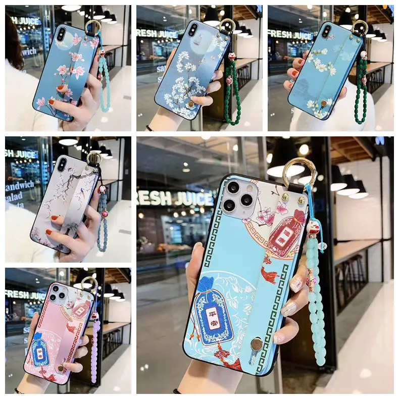 

Chinese style Embossed Flowers Case For iPhone 11 Pro Max XS Max XR 7 8 6 + Ring Wrist Strap Transfer Bead Bracelet Case