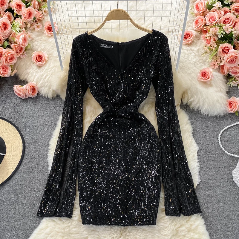 JET BLACK sexy cool dress✖︎GOLD★ 2024 Autumn New Sexy V-neck Gold Sequin Dress Women Long