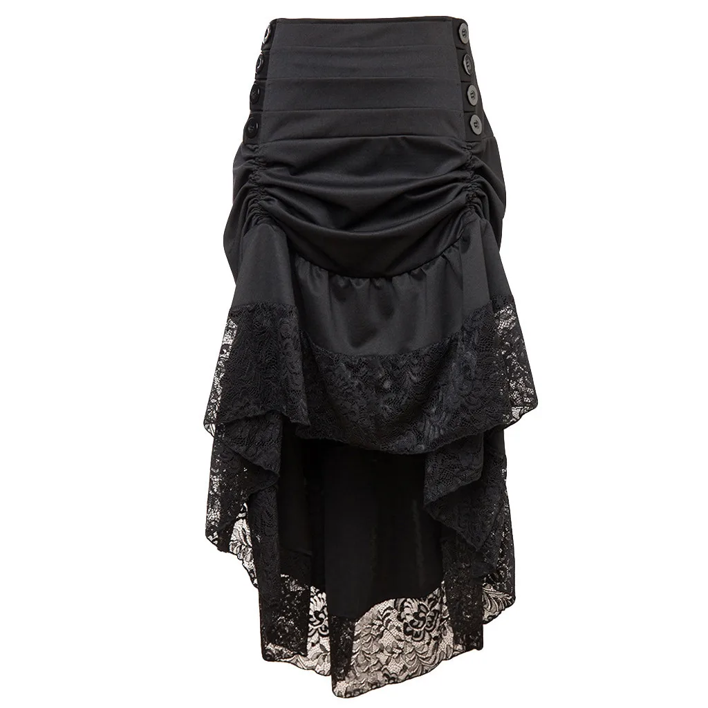 Костюмы на Хэллоуин стимпанк юбка в готическом стиле кружевная женская одежда Высокая Низкая плиссированная юбка для вечеринки Лолита красное средневековое викторианское готическое - Цвет: Черный