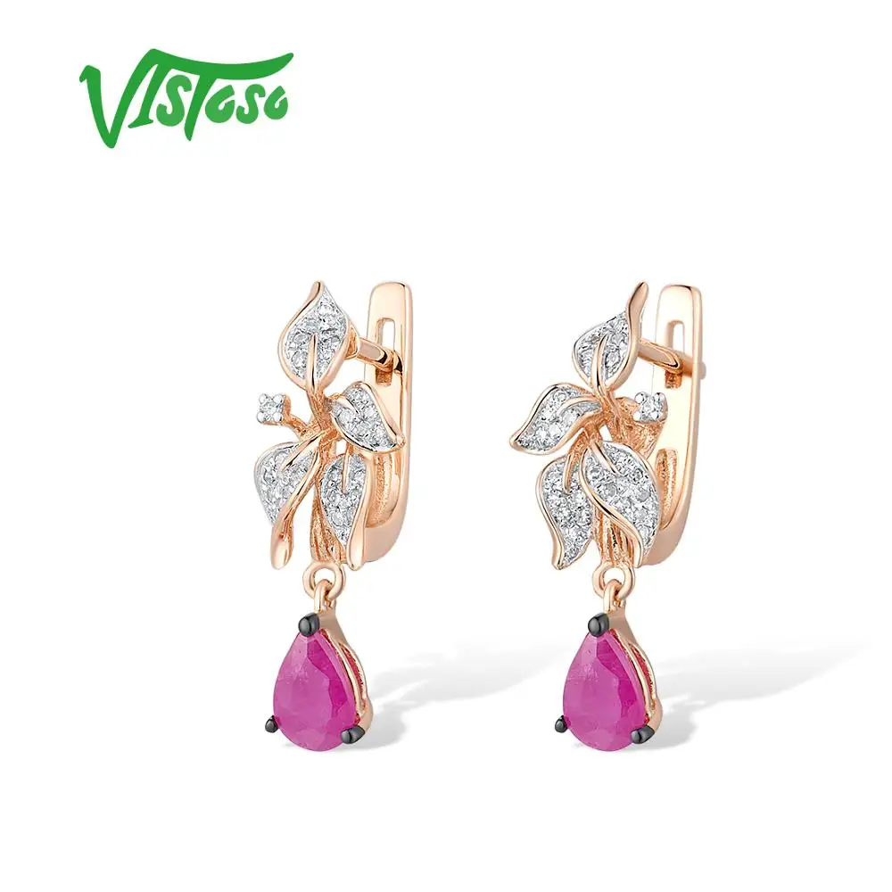 VISTOSO Gold Earrings For Women Genuine 14K 585 Rose Gold Sparkling Diamond Natural Ruby Delicate Leaves Trendy Fine Jewelry 2