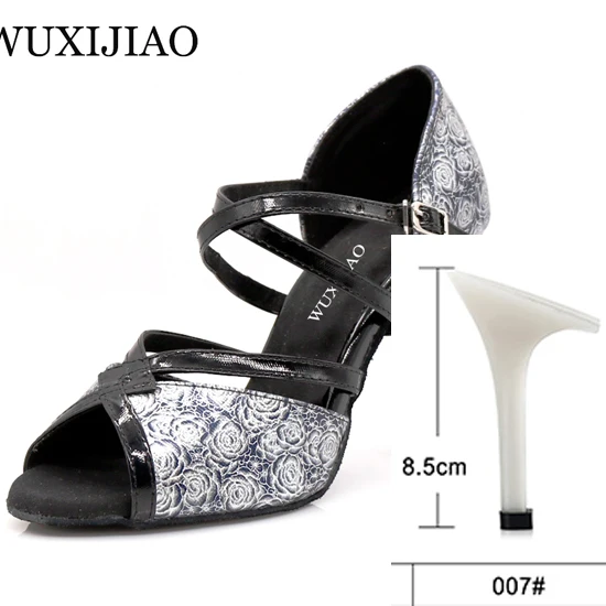 WUXIJIAO розовый узор PU материал черные золотые латинские женские туфли для танцев сальса танцевальные вечерние со стразами Бальные Танцевальные Туфли 9 см - Цвет: black heel 8.5cm
