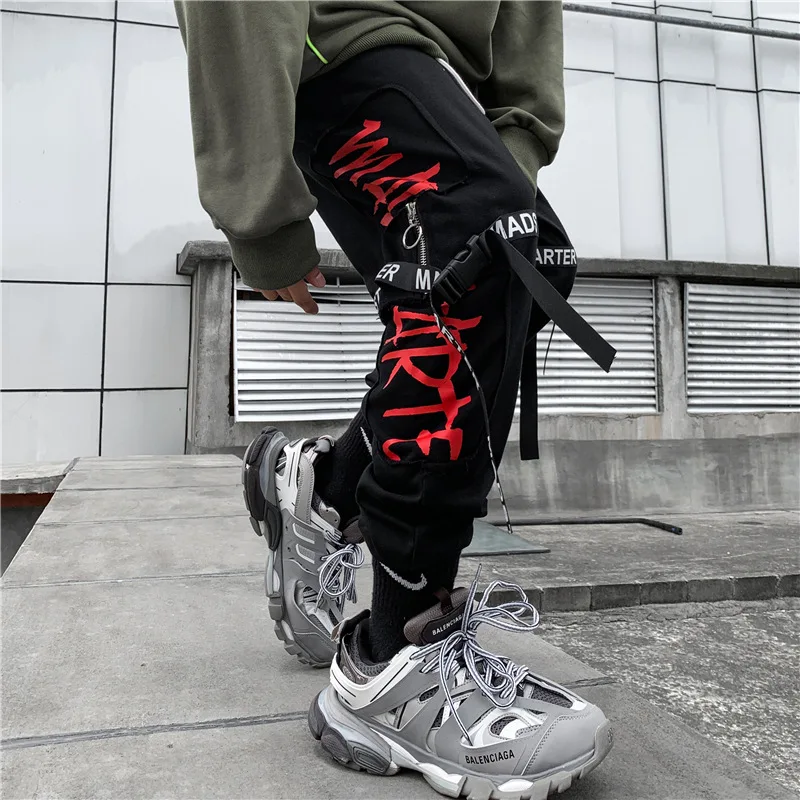 Ribbons Harem Sweat Pants Joggers Men Hip Hop Track Pants Male Fashion Streetwear Dancing Trousers Sweatpant Black WG682