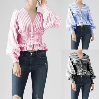 

Celmia Oversized Women Striped V-neck Work Shirt Top Vintage Elegant Blouse Spring Long Sleeve Elastic Waist Ruffle Blusas 5XL 7