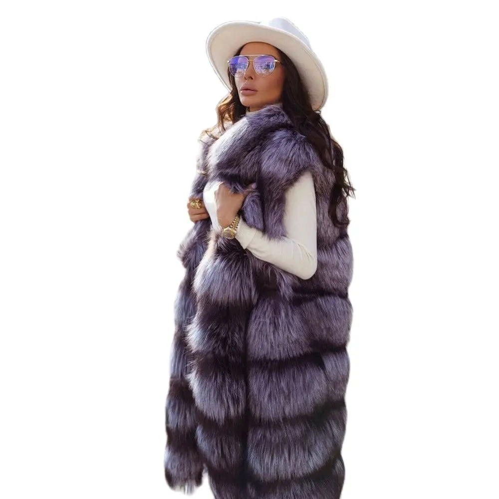 High Quality Natural Silver Fox Fur Vest Stand Collar Winter Fashion New Women Genuine Silver Fox Fur Coat Sleeveless Overcoats