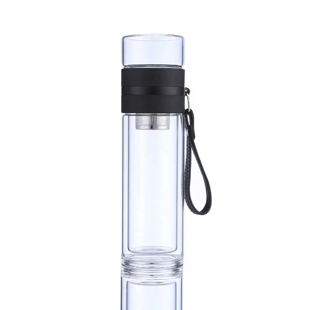 Чайная чашка, 400 мл, Двухслойное стекло, креативная, легко термостойкая, фильтр, стакан для воды, портативная стеклянная бутылка - Цвет: black