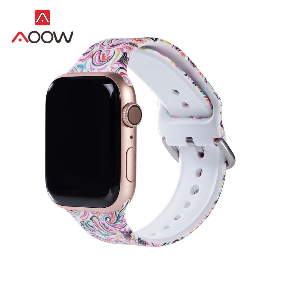 Силиконовый ремешок для часов с цветочным принтом для Apple Watch 5, 4, 38 мм, 42 мм, 40 мм, 44 мм, мужской и женский ремешок, браслет на запястье для iWatch 1, 2, 3