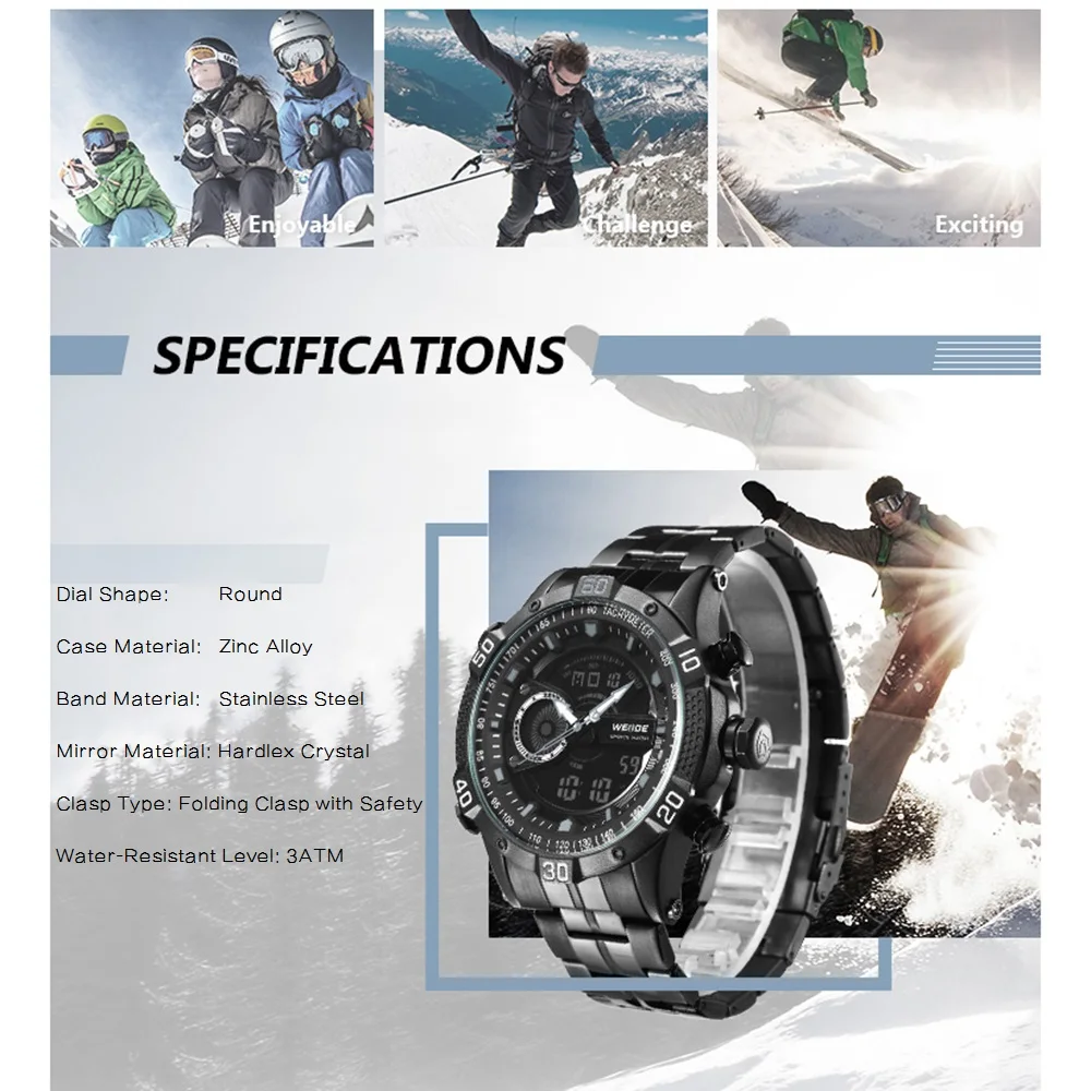 WEIDE WH6902 двойной дисплей два перемещения мужчин t кварцевые электронные мужские часы 3ATM водонепроницаемый ЖК подсветка Спорт будильник, календарь недели
