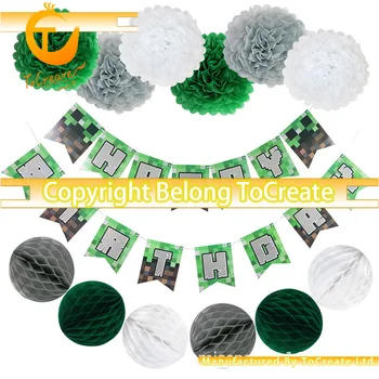 

New Pixel Themed Birthday Party Decoration Set My World Birthday Party Pull Flag Banner Paper Flowers Honeycomb Ball