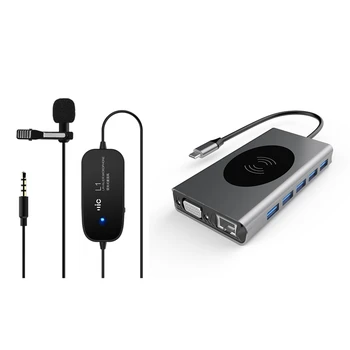 

3.5mm o Lapel Microphone 6M(20Ft) with 13 in 1 Type-C to HDMI VGA PD Fast Charging RJ45 o Expansion Dock Hub