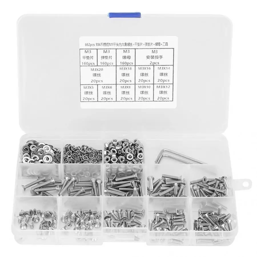 

662pcs Stainless Self Tapping Screws SUS304 M3 Countersunk Hex Socket Screw Nut Flat Washer Spring Gasket Wrench Assorted Kit