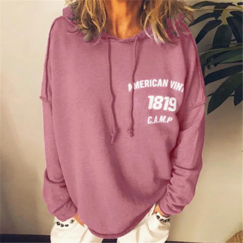 

Autumn Women Hoodies New Fashion Casual Long Sleeve Solid Letter Print Hooded Pullover Tops Loose Hoodies Sweatshirts Plus Size
