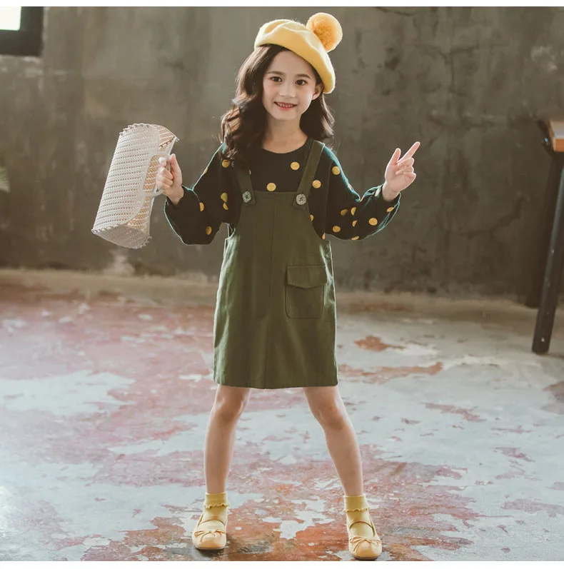 Комплект принцессы для девочек, От 3 до 11 лет, топ с длинными рукавами в горошек+ армейская зеленая юбка на подтяжках, Детский милый костюм