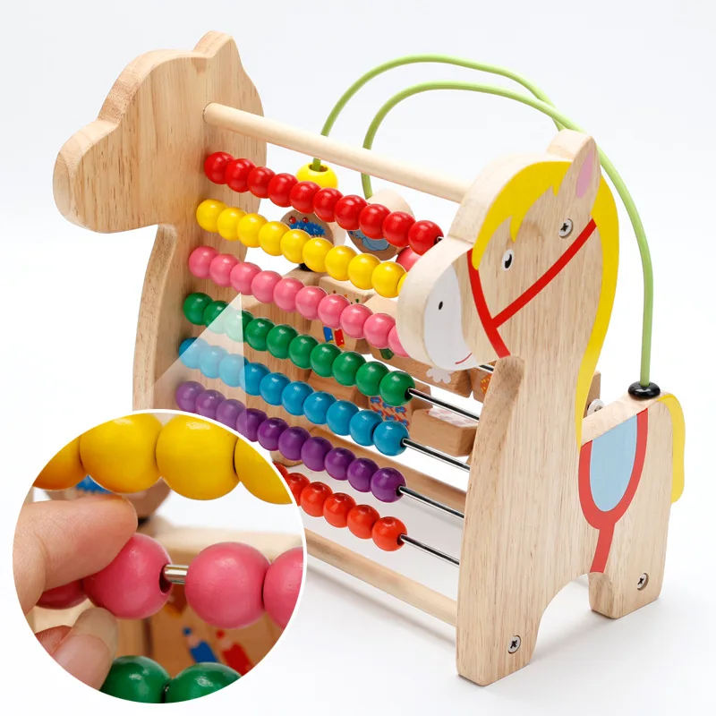  Trojan Horse Round Bead Calculation Multifunctional Cartoon Wood Horse Computing Frame Early Traini