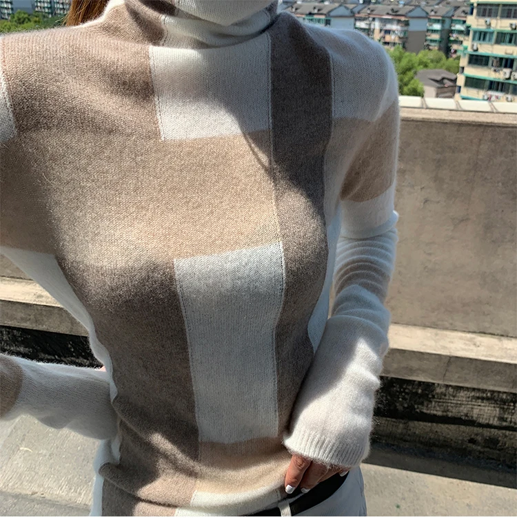 cropped sweater New Cashmere Sweater Women's High-Neck Color Matching 100% Pure Wool Pullover Fashion Plus Size Warm Knitted Bottoming Shir black cardigan Sweaters