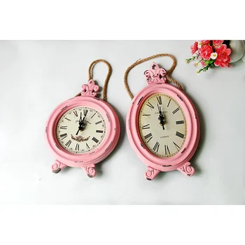 

Nordic Nostalgic Hemp Rope Wall Clock Pink Retro Round Wooden Get Old Paint Drop Hanging Small Clocks Home Decoration Crafts