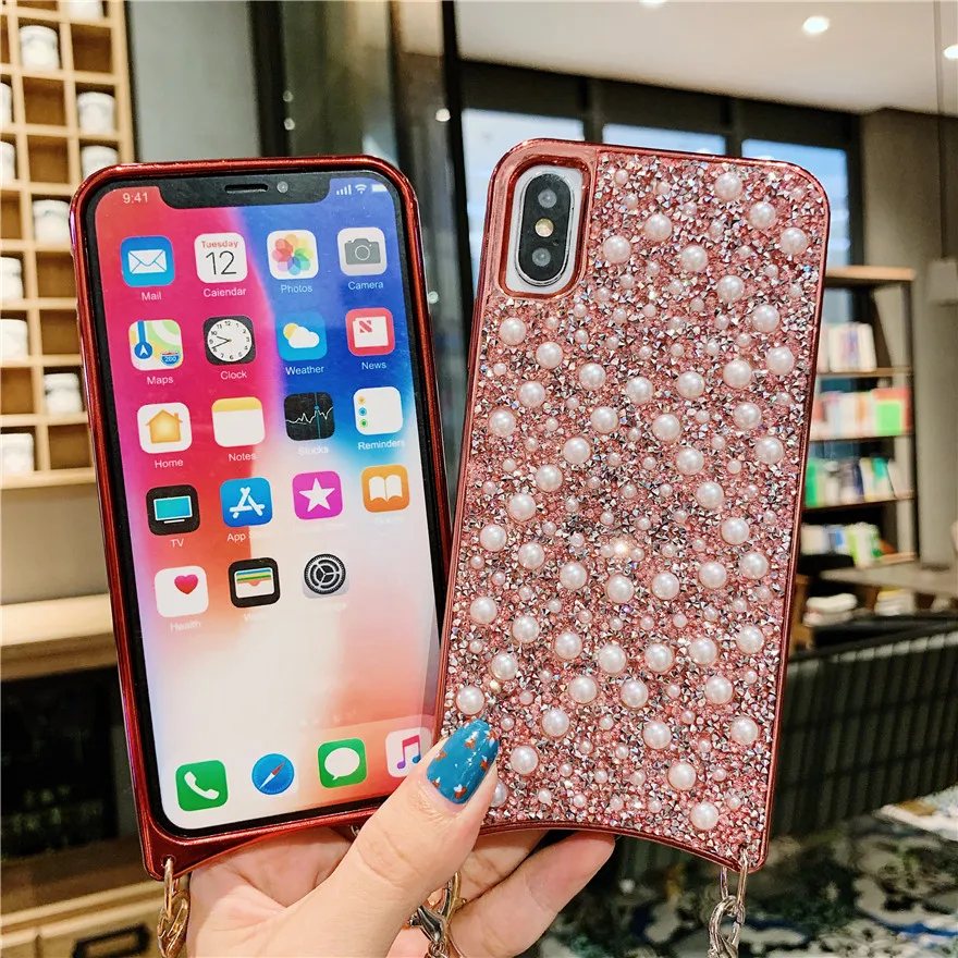 Блестящий жемчужный чехол для телефона с длинной цепочкой iPhone 12 min 11pro max 7 8 6s Plus X XR