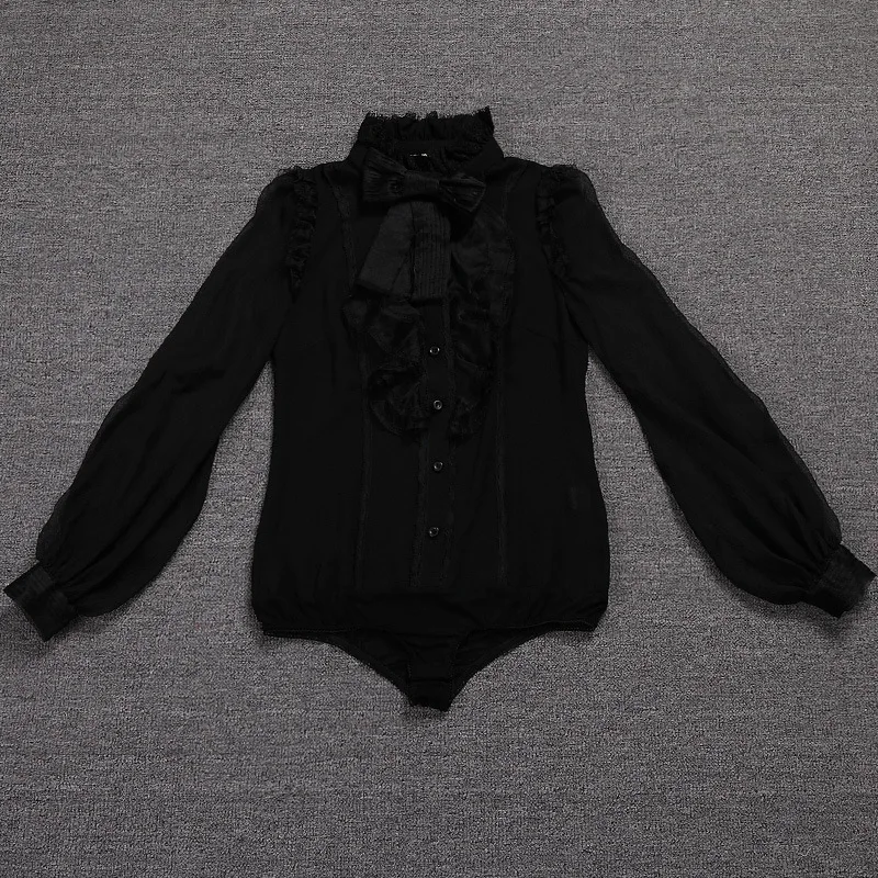 Белая Цветочная шелковая блузка для женщин высокого качества с длинным рукавом 4XL размера плюс повседневная сексуальная офисная одежда рубашки с бантом Прямая поставка - Цвет: Черный